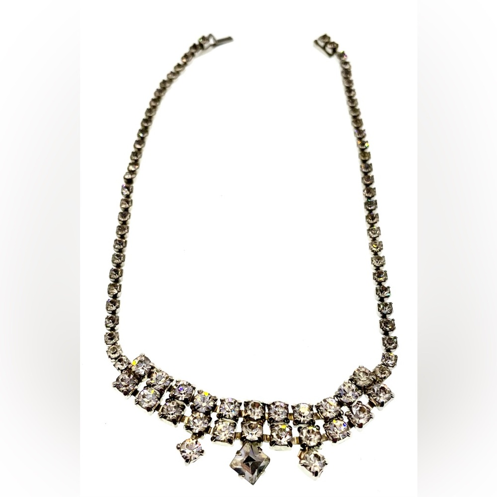 Vintage Crystal Rhinestone Choker Necklace Silver Tone Faceted Prong Set